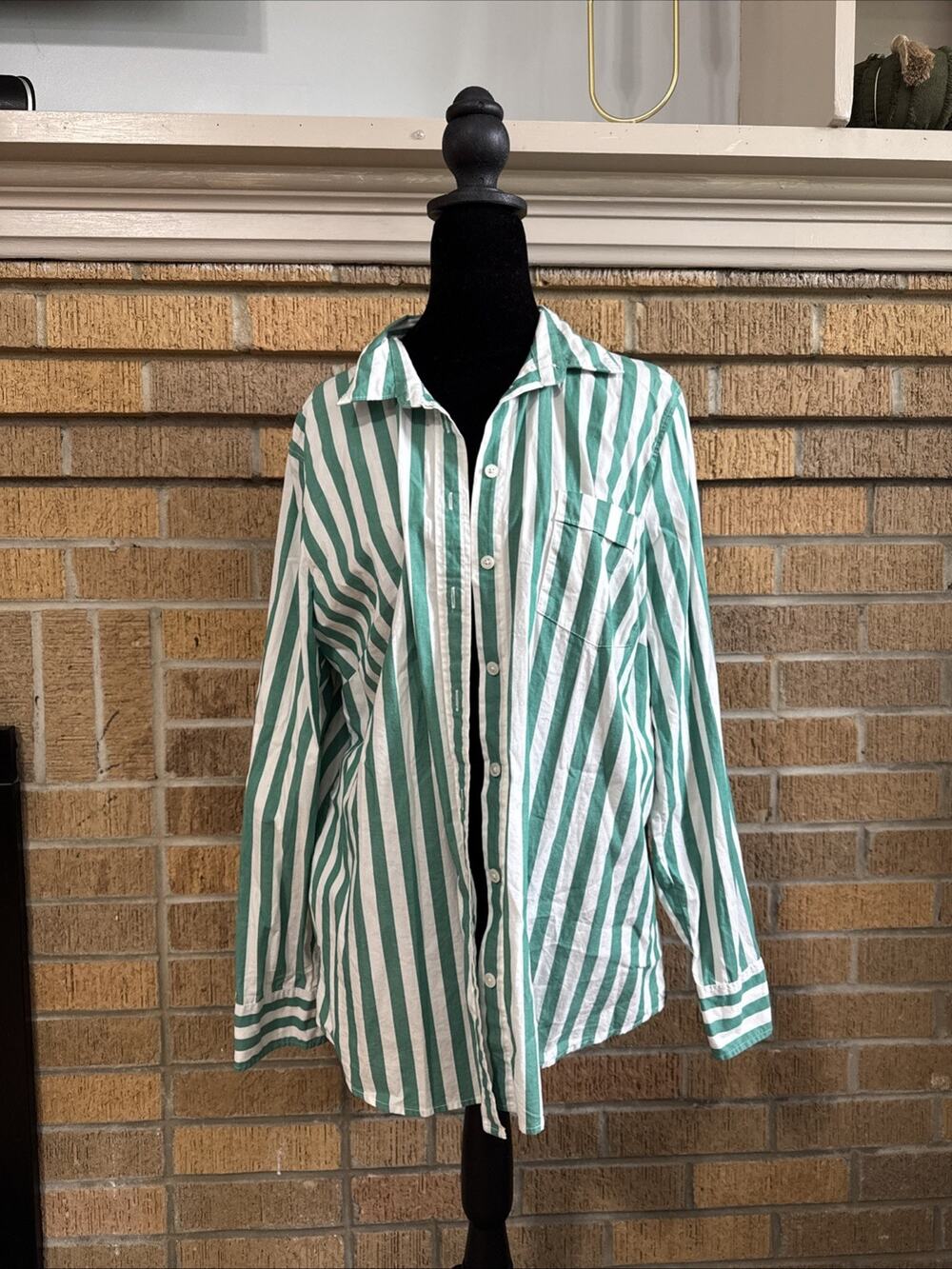 J.Crew Women's Green Strpied Button Down Shirt XL Cotton Coastal Preppy Old Mon